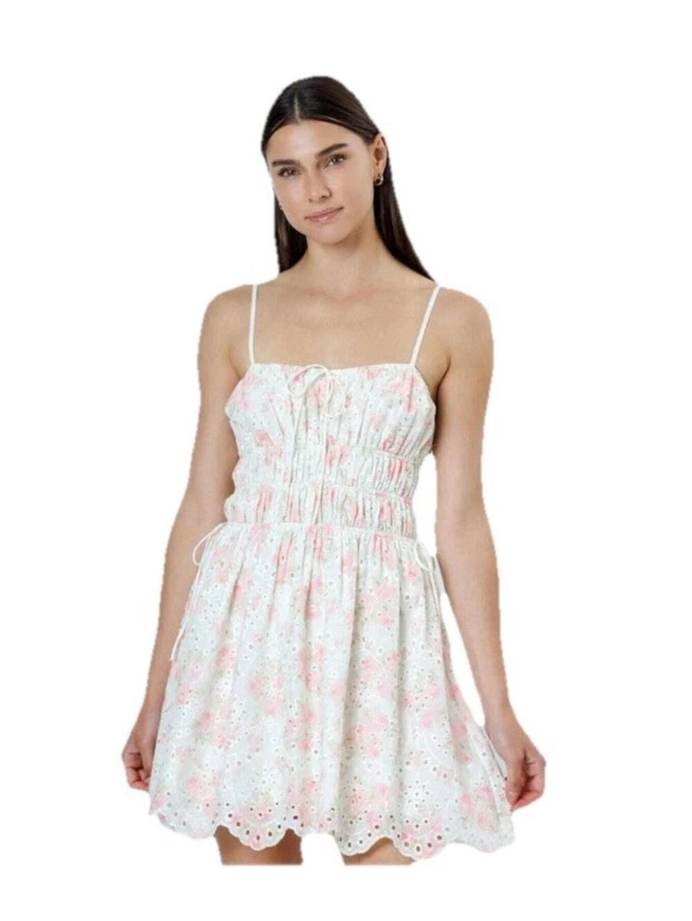New With Tags Storia Cream Pink Floral Eyelet Lace Design Sundress Size Large